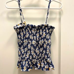 Vintage Havana blue daisy smocked stretch ruffle tube top, camisole tank.